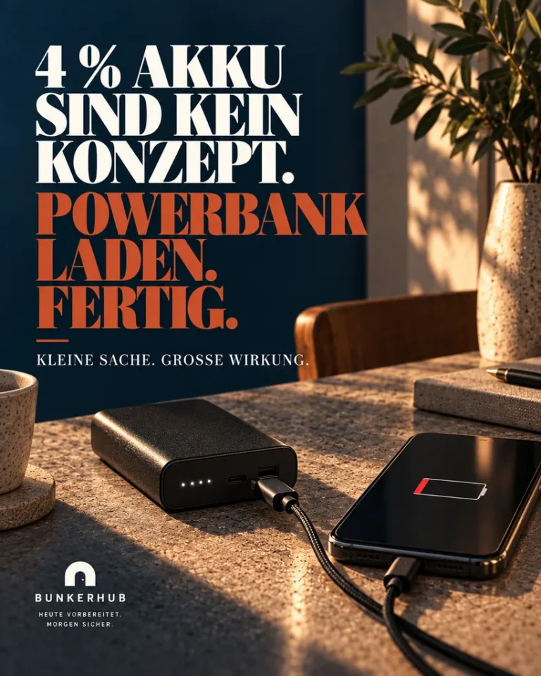BUNKERHUB Kampagnenmotiv: 4 % Akku sind kein Konzept. Powerbank laden. Fertig.