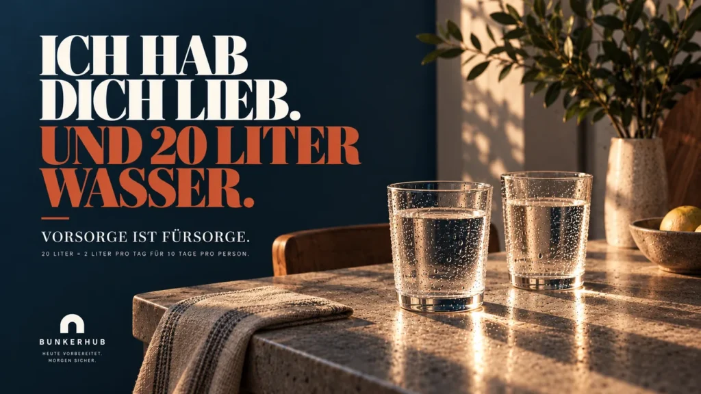 BUNKERHUB Kampagnenmotiv: Ich hab dich lieb. Und 20 Liter Wasser. Vorsorge ist Fürsorge.